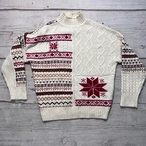 American Eagle Fair‎ Isle Patchwork Mock Neck Sweater Cream Red L